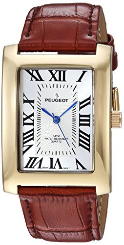 Peugeot Men's 'Vintage Rectangular' Quartz Metal and Leather Casual Watch, Color:Brown (Model: 2051GBR)