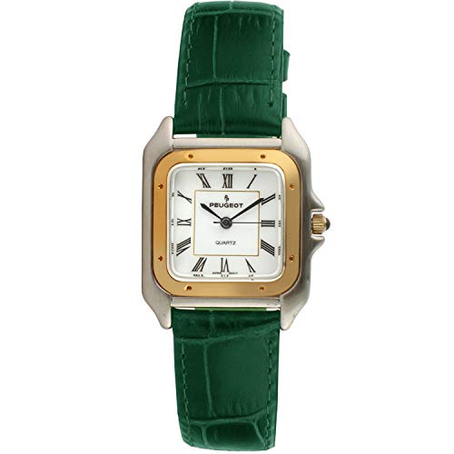 Peugeot Two-Tone Tank Shape Dress Watch with Designer Leather Wrist Band, Green