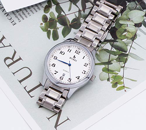 BUREI Klassische Herren Uhren Armbanduhr Japanisches Quarzwerk Kratzfeste Linse Edelstahlband (Silber) - 4