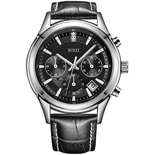 BUREI Herren Elegante Chronographenuhr für Uhr Braunes Lederarmband Business Luxury Sport