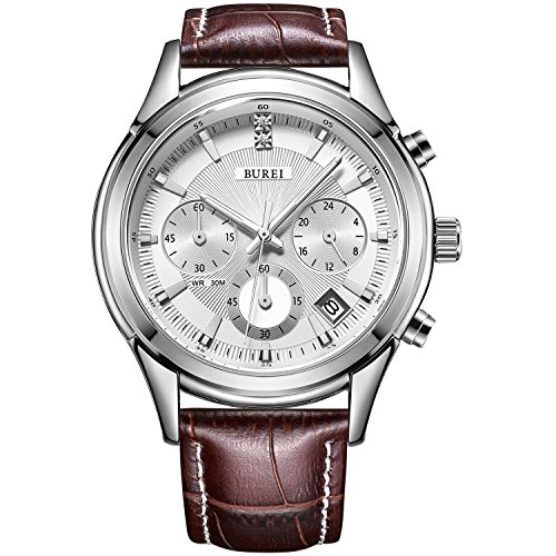 BUREI Herren Elegante Chronographenuhr für Uhr Braunes Lederarmband Business Luxury Sport