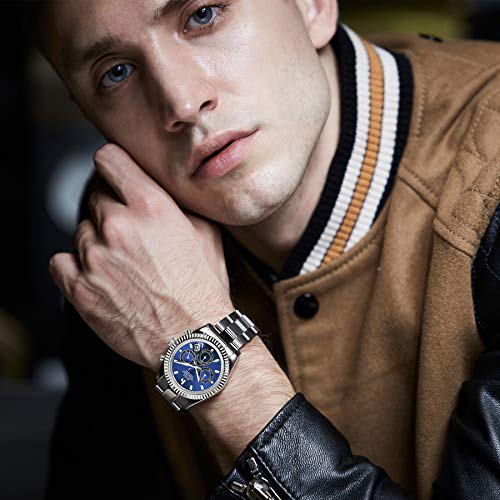 BUREI Herren Chronograph Uhr Blau Analoges dial Mit Datumsanzeige Saphirglas-Linse Silber Edelstahlgehäuse und -Band - 2