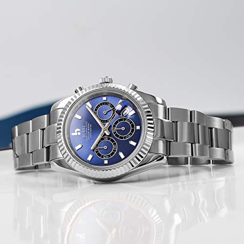 BUREI Herren Chronograph Uhr Blau Analoges dial Mit Datumsanzeige Saphirglas-Linse Silber Edelstahlgehäuse und -Band - 4