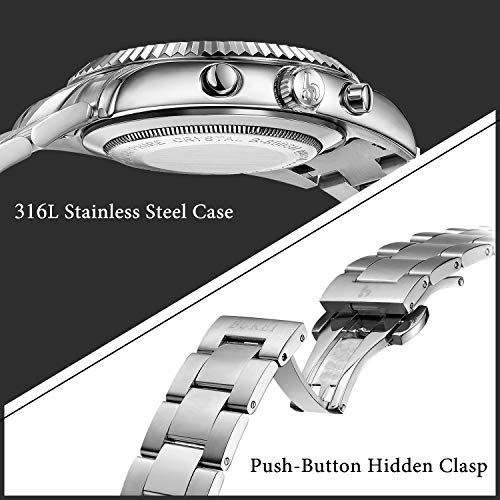 BUREI Herren Chronograph Uhr Blau Analoges dial Mit Datumsanzeige Saphirglas-Linse Silber Edelstahlgehäuse und -Band - 5