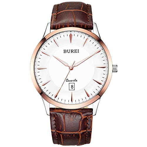 BUREI Herren Uhren Einfach Quarz Armbanduhr Roségold Uhrengehäuse Weiße-Ziffernblatt Datumsanzeige Braun Lederband