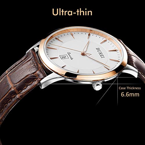 BUREI Herren Uhren Einfach Quarz Armbanduhr Roségold Uhrengehäuse Weiße-Ziffernblatt Datumsanzeige Braun Lederband - 3