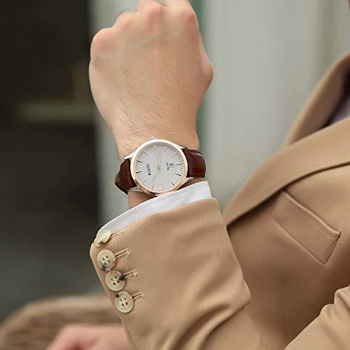 BUREI Herren Uhren Einfach Quarz Armbanduhr Roségold Uhrengehäuse Weiße-Ziffernblatt Datumsanzeige Braun Lederband - 4