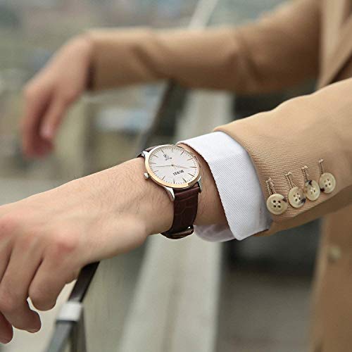BUREI Herren Uhren Einfach Quarz Armbanduhr Roségold Uhrengehäuse Weiße-Ziffernblatt Datumsanzeige Braun Lederband - 5