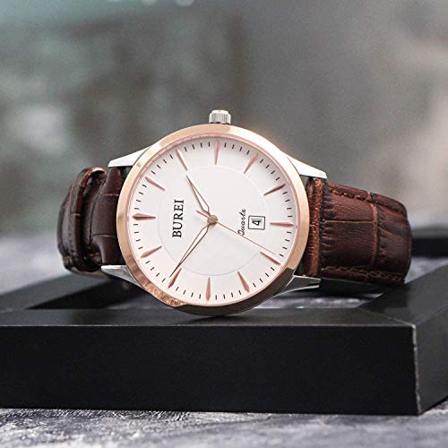 BUREI Herren Uhren Einfach Quarz Armbanduhr Roségold Uhrengehäuse Weiße-Ziffernblatt Datumsanzeige Braun Lederband - 7