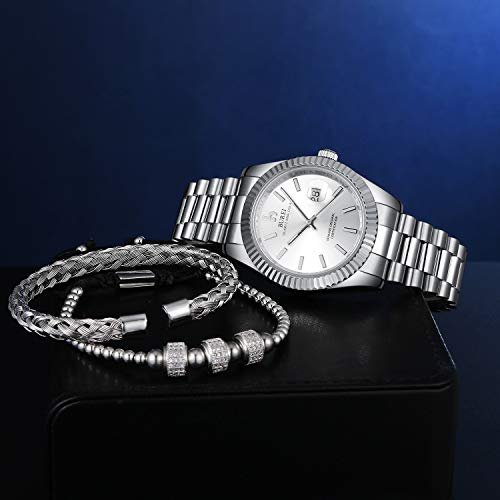 BUREI Herren Quarzuhr Silber Date Display Edelstahlband mit Silber Titan Stahl Perlenkette Kordelarmband - 4