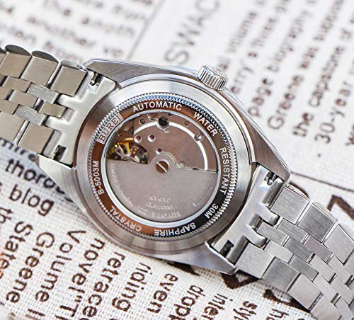 BUREI Herren benutzerdefinierte personalisierte automatische Uhr Kalender Datumsanzeige mit Saphirglas Strass Marker - 3