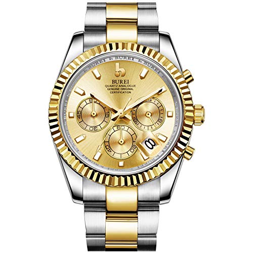 BUREI HerrenUhr Analog Quarz Chronograph Business Wasserdicht Edelstahl Zifferblatt Armbanduhr Männer (Golden Farbe)