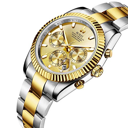 BUREI HerrenUhr Analog Quarz Chronograph Business Wasserdicht Edelstahl Zifferblatt Armbanduhr Männer (Golden Farbe) - 3